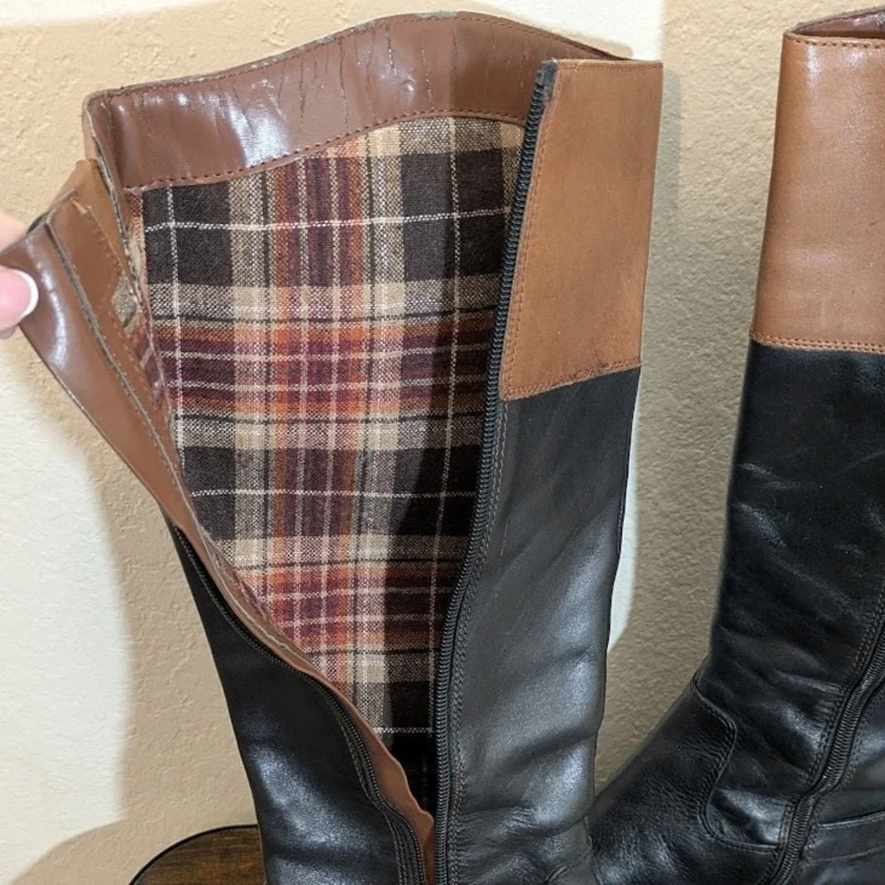 Franco Sarto Tall‎ Riding Boots Black Brown Leather Crest Detail Women US 8